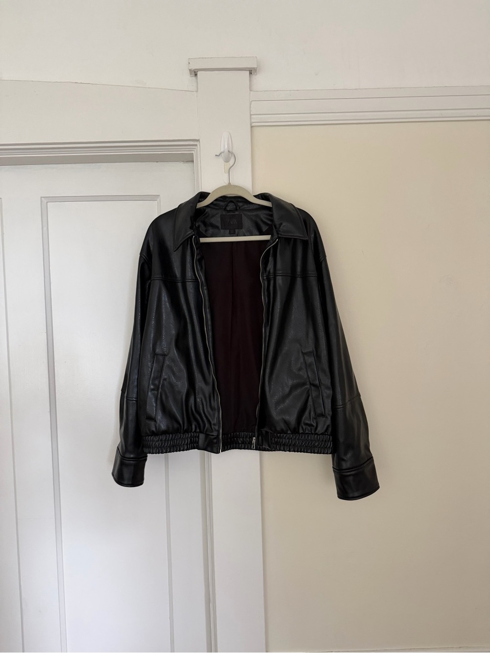 ZARA Black Faux Leather Zip Jacket with Elastic Hem - Picture 8 of 8